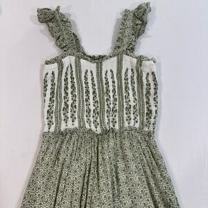 Sim & Sam Women XL Green White Floral Smocked Ruffle Wide Leg Jumpsuit Rayon